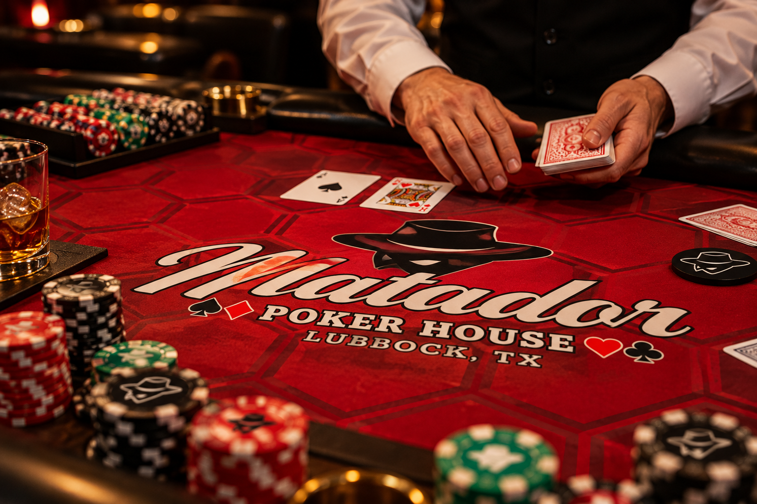 Supplied concept artwork of a dealer presenting cards on a red Matador poker table.