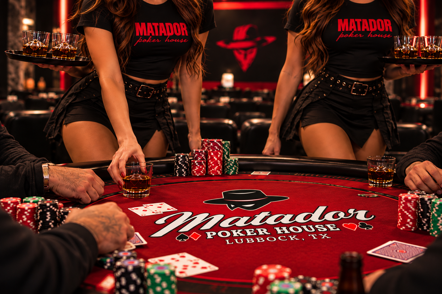 Supplied concept artwork of a red Matador poker table with drinks being served.